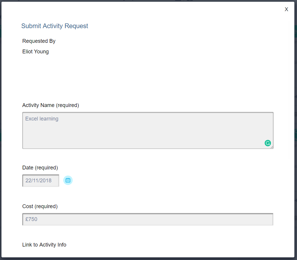 Screenshot of submitting an activity request on the LMS