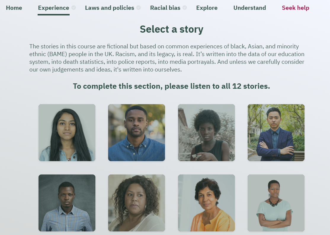 Screenshot of the explore section in the anti-racism compliance course