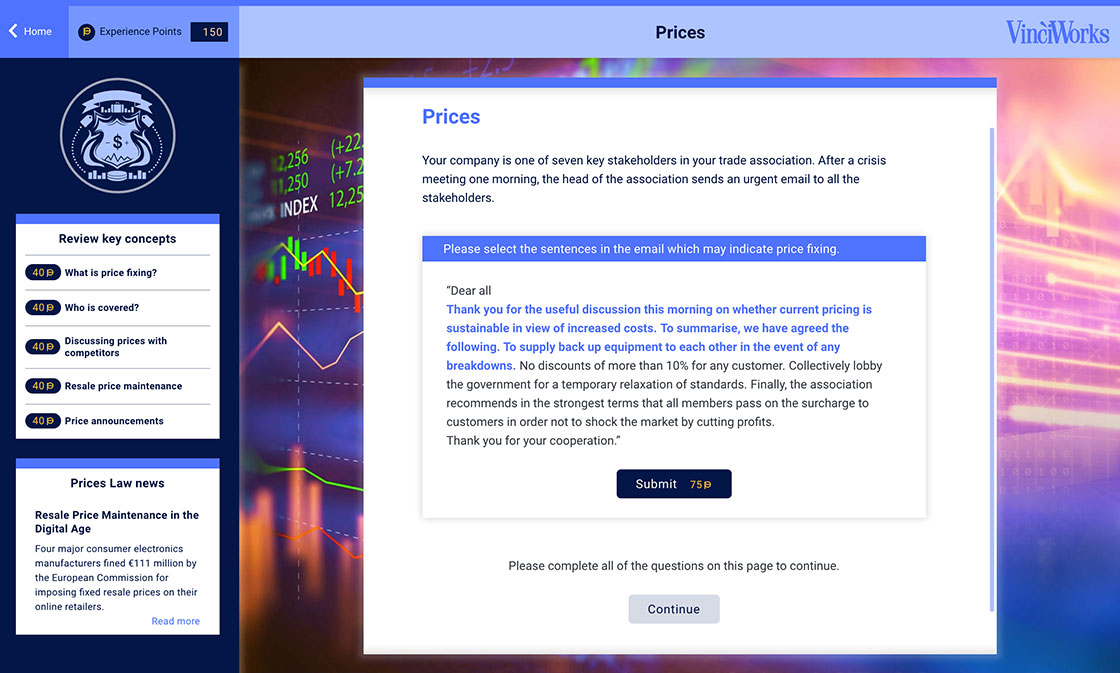 Screenshot of price fixing module in competition law course