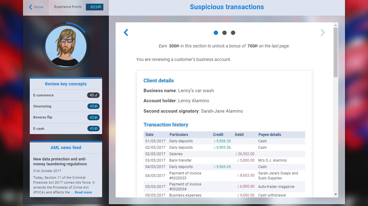 AML training "Source of funds" module screenshot