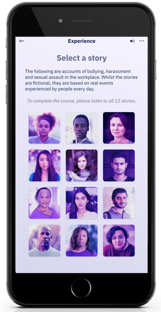 Screenshot of the bank of stories in MyStory harassment course