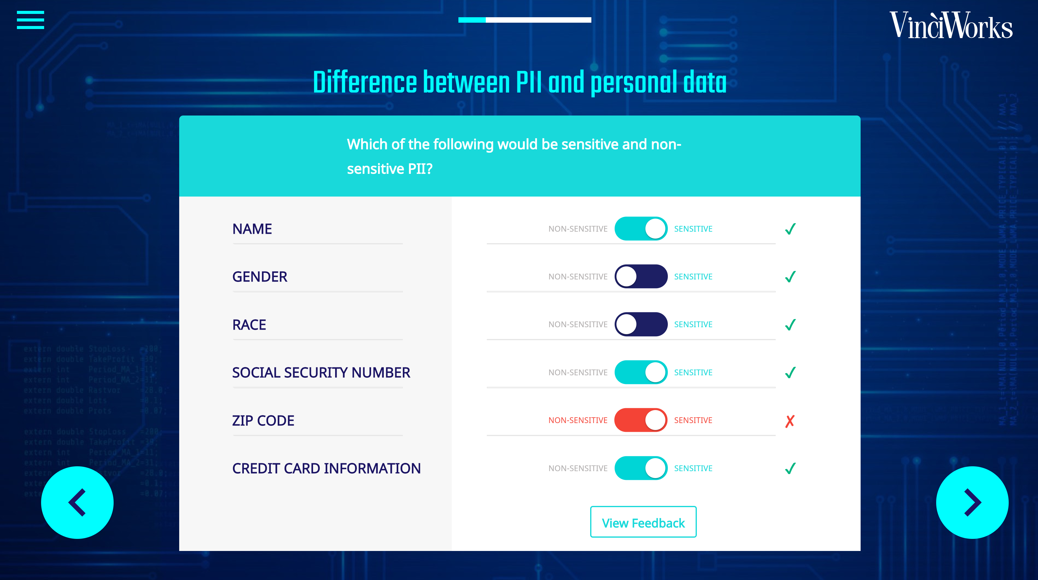 Screenshot of an interactive quiz in the data privacy course