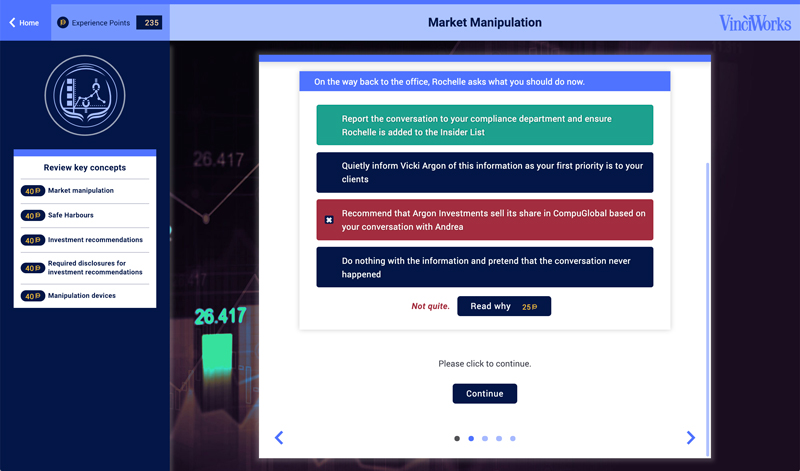 Screenshot from market manipulation module in market abuse training