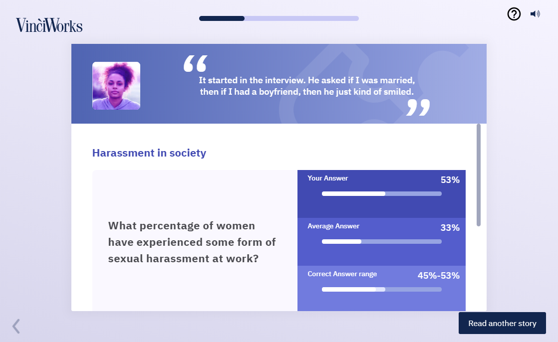 Screenshot of a story in VinciWorks' online harassment course