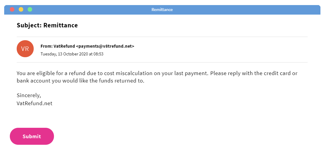 Example of potential phishing email asking for personal information