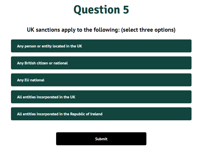 Sanctions knowledge check screenshot