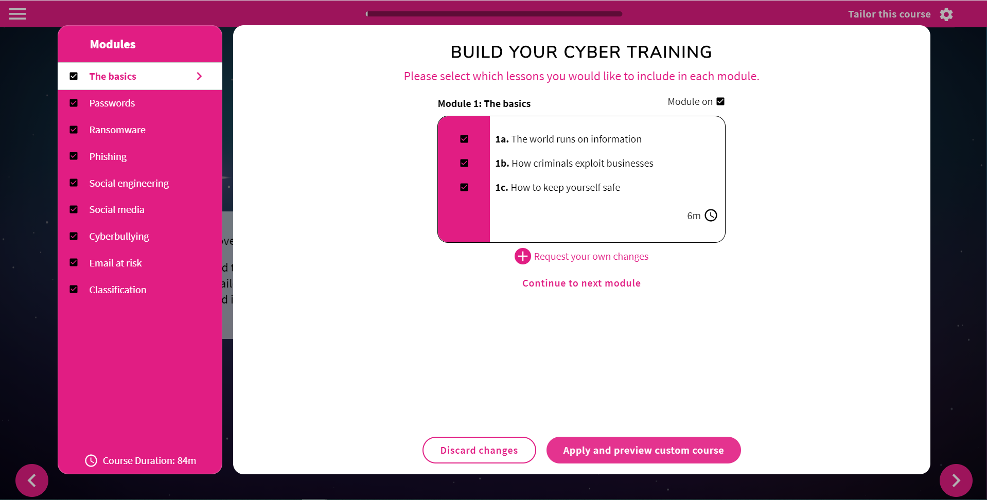 Screenshot of the cyber security course builder