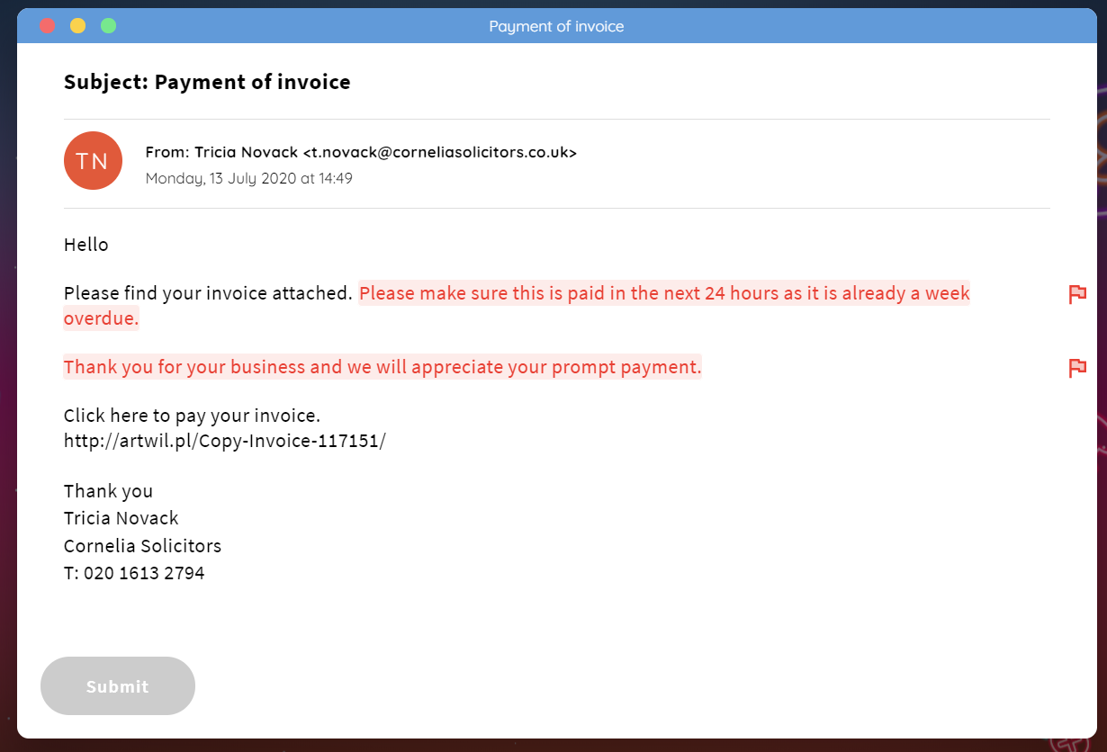 Screenshot of phishing module in cyber security course