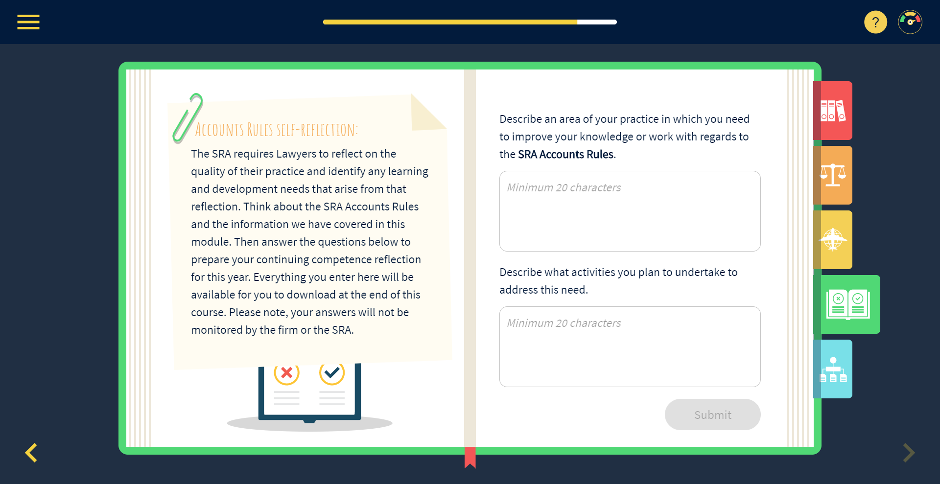 Accounts Rules self-reflection section of the SRA course