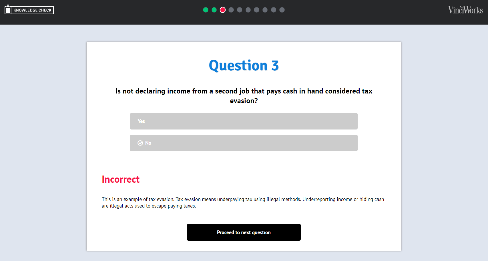 Tax evasion knowledge check screenshot